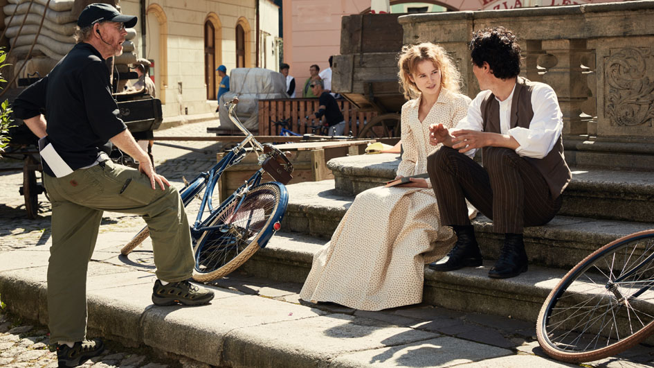 Czech Republic - Director Ron Howard with Shannon Tarbet (Marie Winteler) and Johnny Fynn (Albert Einstein) A behind the scenes look at National Geographic's Genius (National Geographic/Robert Viglasky)