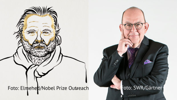 Der norwegische Autor Jon Fosse wird in diesem Jahr mit dem Literaturnobelpreis ausgezeichnet. Zu den ersten öffentlichen Gratulanten aus Deutschland zählte der Literaturkritiker Denis Scheck, der die Entscheidung der Schwedischen Akademie als „ausgezeichnete Wahl“ begrüßte. (Foto: Elmehed/Nobel Prize Outreach/SWR/Gärtner)