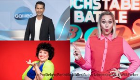 Die von Ruth Moschner moderierte Quizshow „Buchstaben Battle“ geht heute in Sat.1 in eine neue Doppelrunde. Als Unterstützer der Kandidaten sind diesmal u.a. Prominente wie Stefan Gödde, Jeannine Michaelsen, Meltem Kaptan und Mickie Krause am Start. (Fotos: ProSieben/Benedikt Müller/Guido Schroeder; Sat.1/Willi Weber)