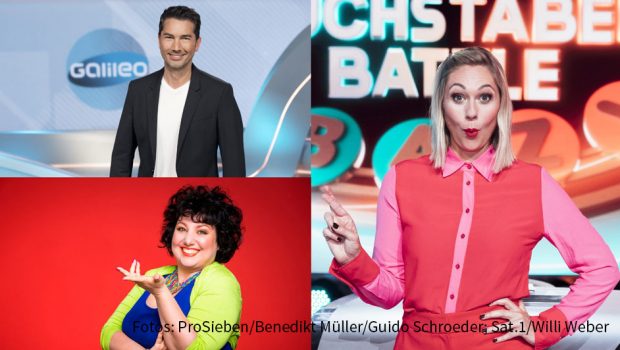 Die von Ruth Moschner moderierte Quizshow „Buchstaben Battle“ geht heute in Sat.1 in eine neue Doppelrunde. Als Unterstützer der Kandidaten sind diesmal u.a. Prominente wie Stefan Gödde, Jeannine Michaelsen, Meltem Kaptan und Mickie Krause am Start. (Fotos: ProSieben/Benedikt Müller/Guido Schroeder; Sat.1/Willi Weber)