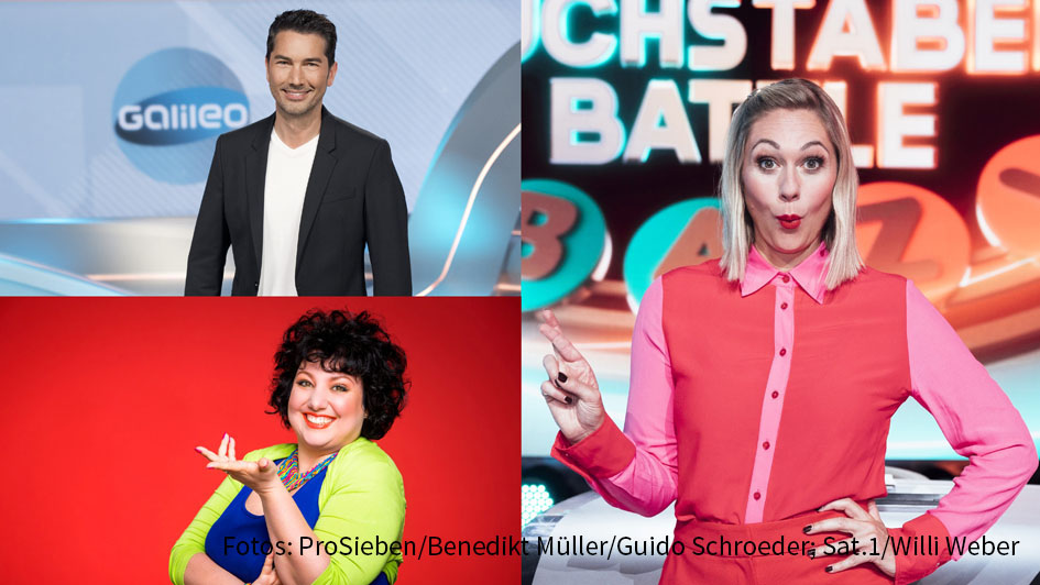 Die von Ruth Moschner moderierte Quizshow „Buchstaben Battle“ geht heute in Sat.1 in eine neue Doppelrunde. Als Unterstützer der Kandidaten sind diesmal u.a. Prominente wie Stefan Gödde, Jeannine Michaelsen, Meltem Kaptan und Mickie Krause am Start. (Fotos: ProSieben/Benedikt Müller/Guido Schroeder; Sat.1/Willi Weber)