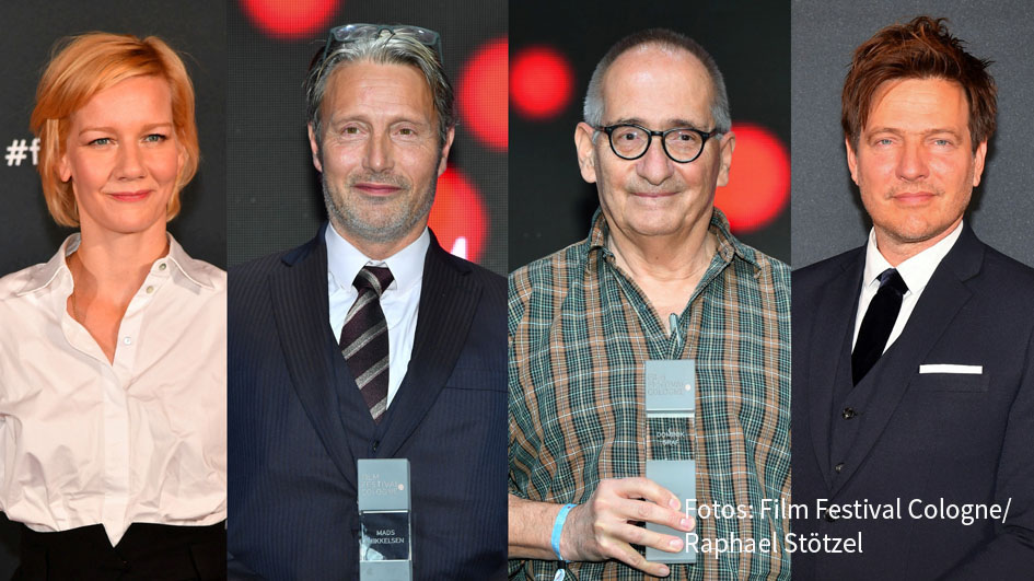 Mit der Preisverleihung im Kölner Palladium ging am Donnerstagabend die 30. Ausgabe des Film Festival Cologne zu Ende. Ausgezeichnet wurden u.a. die Schauspieler Sandra Hüller und Mads Mikkelsen sowie die Filmemacher Dominik Graf und Thomas Vinterberg. (Foto: Film Festival Cologne_Preisträger_Fotos Raphael Stötzel)