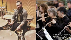 Am heutigen Freitag spielt das WDR Funkhausorchester im Livestream-Konzert Melodien aus Computer- und Videospielen. Auch Sportreporter Robby Hunke haut bei „Gaming Sounds“ auf die Pauke – zumindest verbal: Er führt als Moderator durch den Abend. (Fotos: R.Hunke/Instagram & WDR/Thomas Brill)
