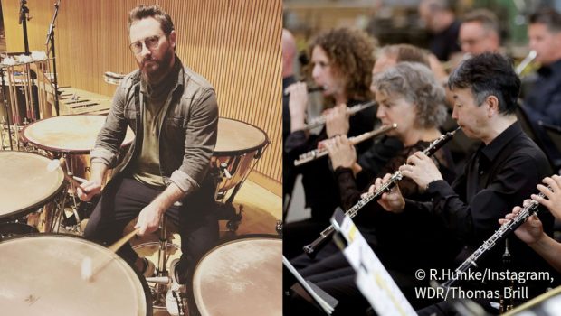 Am heutigen Freitag spielt das WDR Funkhausorchester im Livestream-Konzert Melodien aus Computer- und Videospielen. Auch Sportreporter Robby Hunke haut bei „Gaming Sounds“ auf die Pauke – zumindest verbal: Er führt als Moderator durch den Abend. (Fotos: R.Hunke/Instagram & WDR/Thomas Brill)