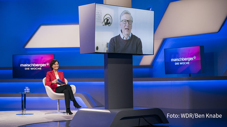 Am morgigen Mittwoch gibt’s bei „Maischberger. Die Woche“ ein exklusives Interview mit Bill Gates. Es geht um Corona, sein neues Buch und Privates. So findet es der Software-Pionier aus heutiger Sicht erstaunlich, dass er einst gezögert habe, seine Frau Melinda zu heiraten. (Foto: WDR/Ben Knabe)
