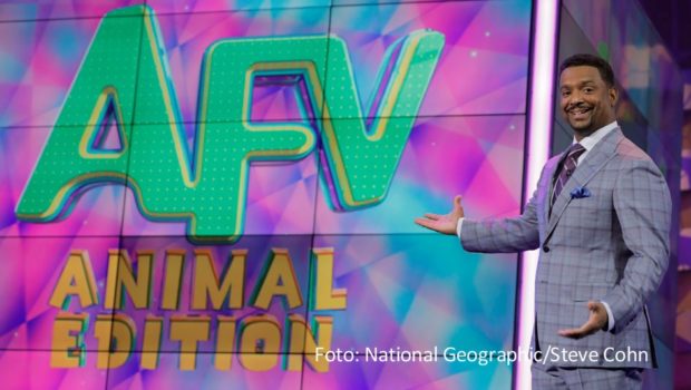 Schauspieler und Moderator Alfonso Ribeiro, der in der Erfolgsserie „Der Prinz von Bel-Air“ einst den Cousin von Will Smith verkörperte, führt nun bei National Geographic Wild durch die Clipshow „Amerikas lustigste Tiervideos“. Der Doku-Sender zeigt Staffel 2 ab dem 13. Oktober. (Foto: National Geographic/Steve Cohn)