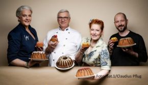 Im Halbfinale von „Das große Backen – Die Profis“ kämpfen noch vier Teams um den Goldenen Cupcake und 10.000 Euro. Am Pfingstmontag müssen sie Bettina Schliephake-Burchardt, Christian Hümbs und Günther Koerffer beweisen, dass sie auch ohne Rezept mit ihren Backkreationen überzeugen können. (Foto: Sat.1/Claudius Pflug)