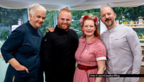 In der Sat.1-Show „Das große Backen“ bekommen Moderatorin Enie van de Meiklokjes sowie das Jury-Duo Bettina Schliephake-Burchardt und Christian Hümbs am 24. September Besuch. Der Sieger der zehnten Staffel, Raheem, kehrt als Gastjuror zurück. Foto-Joyn_Claudius-Pflug