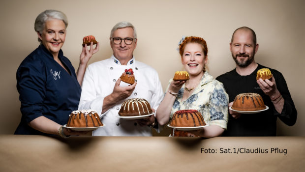 Am 14. Mai startet Sat.1 die neue Staffel von „Das große Backen – Die Profis“. Neben Moderatorin Enie van de Meiklokjes ist auch in diesem Jahr das bewährte Juroren-Trio Bettina Schliephake-Burchardt, Christian Hümbs und Günther Koerffer wieder mit von der Partie. (Foto: Sat.1/Claudius Pflug)