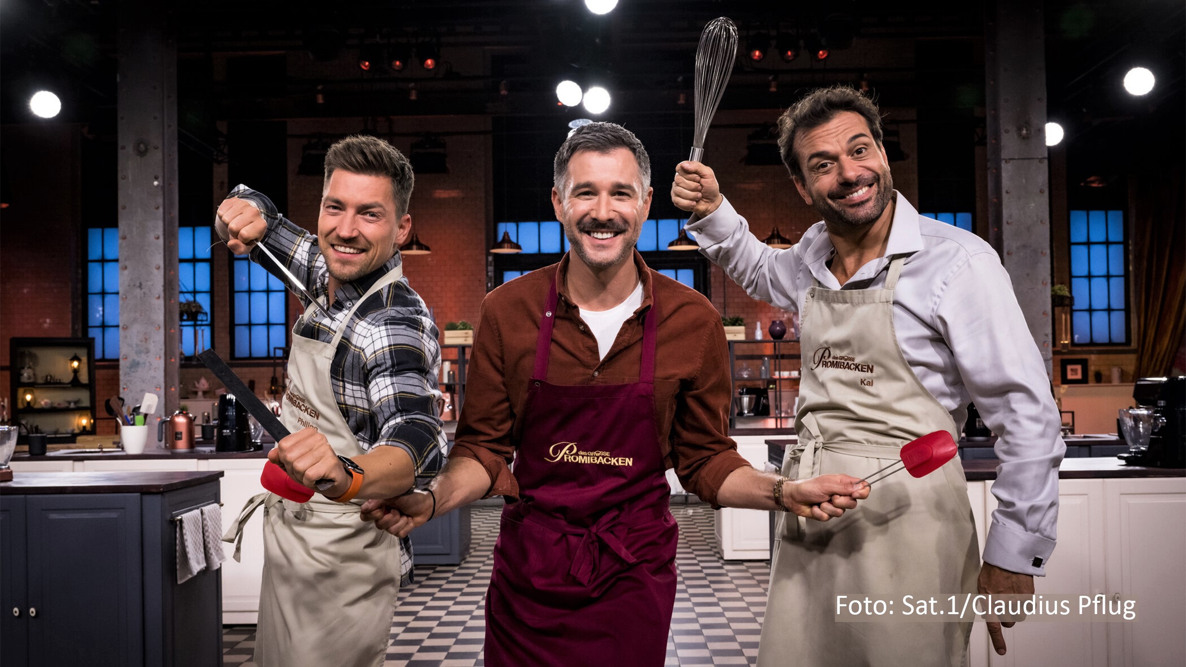 Premiere bei „Das große Promibacken“: Zum ersten Mal in sieben Staffeln haben es drei Männer ins Finale geschafft. Was die Herren draufhaben, ist am 15. Februar ab 20:15 Uhr in Sat.1 zu sehen. Philipp Boy, Jochen Schropp und Kai Schumann backen um den goldenen Cupcake und 10.000 Euro für einen guten Zweck. (Foto: Sat.1/Claudius Pflug)