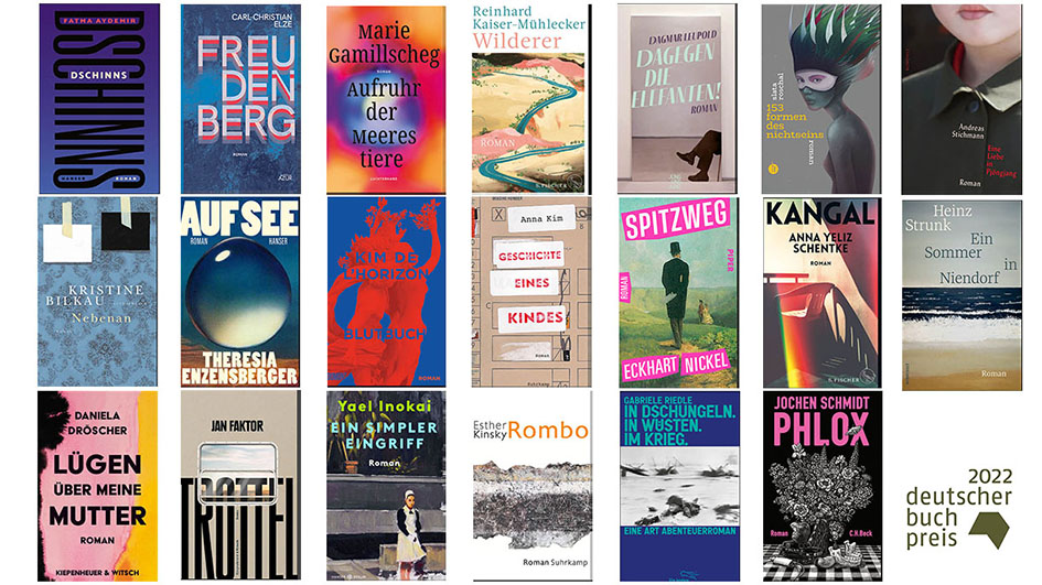Der Börsenverein des Deutschen Buchhandels veröffentlichte am heutigen 23. August die Longlist mit 20 für den Deutschen Buchpreis 2022 nominierten Titeln. Zu ihnen gehören vier Romandebüts und wie im Vorjahr ein neues Buch von Heinz Strunk. (Foto: Börsenverein des Deutschen Buchhandels)
