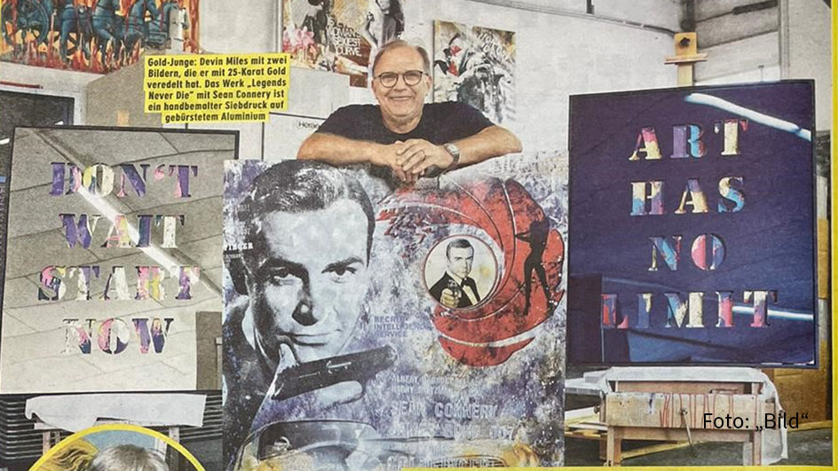 Die Hamburger Ausgabe von „Bild“ widmete Devin Miles ein ganzseitiges Porträt. Am 30. August beschreibt das Blatt den Werdegang des Pop-Art-Künstlers und feiert ihn als „neuen Warhol aus Bargteheide“. Demnächst sind seine Werke in Miami und New York zu sehen. (Foto: „Bild“)