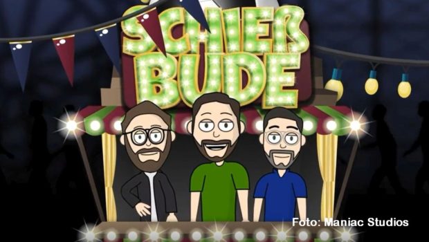 Jeden Donnerstag öffnen die Moderatoren Robby Hunke, Maximilian Bensinger und Daniel Sprügel „Die Schießbude“. In der aktuellen Episode des neuartigen Fußball-Gameshow-Podcasts ist der TikTok-Star Pascal Gurk zu Gast. (Foto: Maniac Studios)