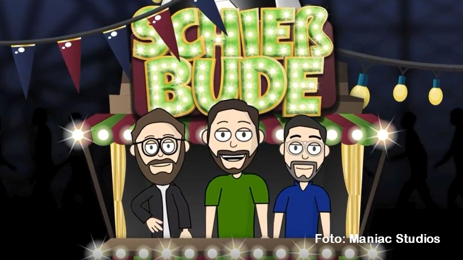 Jeden Donnerstag öffnen die Moderatoren Robby Hunke, Maximilian Bensinger und Daniel Sprügel „Die Schießbude“. In der aktuellen Episode des neuartigen Fußball-Gameshow-Podcasts ist der TikTok-Star Pascal Gurk zu Gast. (Foto: Maniac Studios)