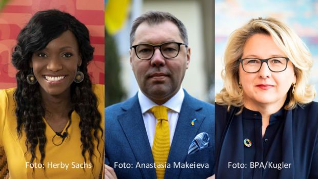 Zur neuen Ausgabe des Podcasts „Entwicklungssache“ begrüßen Moderatorin Liz Shoo und Bundesentwicklungsministerin Svenja Schulze den ukrainischen Botschafter in Deutschland, Oleksii Makeiev. Es geht um die am 11. Juni beginnende Wiederaufbaukonferenz – und auch ein bisschen um Fußball. (Fotos: Herby Sachs; Anastasia Makeieva; BPA/Kugler)