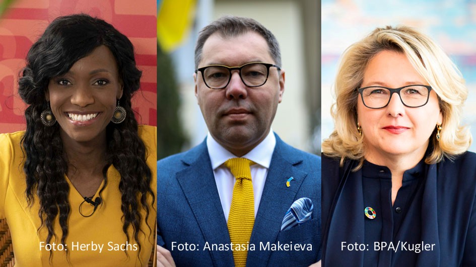 Zur neuen Ausgabe des Podcasts „Entwicklungssache“ begrüßen Moderatorin Liz Shoo und Bundesentwicklungsministerin Svenja Schulze den ukrainischen Botschafter in Deutschland, Oleksii Makeiev. Es geht um die am 11. Juni beginnende Wiederaufbaukonferenz – und auch ein bisschen um Fußball. (Fotos: Herby Sachs; Anastasia Makeieva; BPA/Kugler)