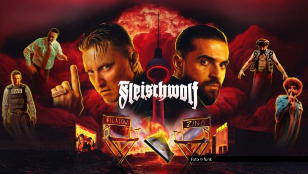 Im neuen funk-Comedyformat „Fleischwolf“ nehmen Journalist Zino und Regisseur Filatow das TV-Publikum mit in die deutsche Hip-Hop-Szene. In der fiktiven Serie arbeiten die beiden an ihrer eigenen Show. Gastauftritte gibt’s u. a. von Ski Aggu, Felix Lobrecht und Alligatoah. Foto © funk