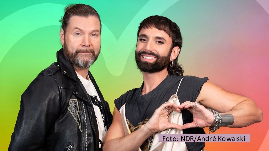 Rea Garvey und Conchita Wurst nehmen als Coaches in der Docutainment-Serie „Ich will zum ESC!“ 15 junge Sängerinnen und Sänger unter die Lupe. Im Live-Finale am 8. Februar wird der letzte freie Startplatz für den deutschen Vorentscheid zum Eurovision Song Contest 2024 vergeben. (Foto: NDR/André Kowalski)