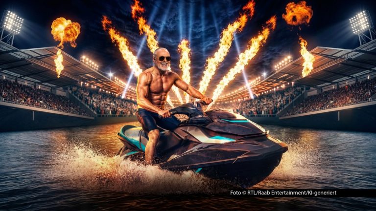 Feuer frei für die erste Ausgabe der „Jetski Star WM“. Am Samstag, den 29. August, feiert die neue Show um 20:15 Uhr bei RTL und RTL+ Premiere. Gastgeber Stefan Raab steigt dabei selbst auf den Jetski und tritt gemeinsam mit prominenten Mitstreitern zum rasanten Wettkampf auf dem Wasser an. Foto © RTL/Raab Entertainment/KI-generiert