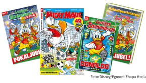 Der Egmont Ehapa-Verlag bringt zur Fußball-Weltmeisterschaft in Katar gleich zwei „Lustige Taschenbücher“ mit passenden Kicker-Geschichten in den Handel. Inwieweit Onkel Dagobert das Ganze mit seinen Fantastilliarden sponsert, wird sich zeigen. (Foto: Disney/Egmont Ehapa Media)