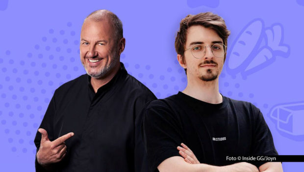 Sternekoch Frank Rosin und Twitch-Star Rumathra führen als Hosts durch die neue Kochshow „Let them cook“, in der bekannte Streamer zum kulinarischen Duell gegeneinander antreten. Das Publikum redet per Live-Chat mit. Zu sehen gibt’s das Ganze auf Abruf bei Joyn und als Live-Event via Twitch. Foto_Joyn_Insight-GG-GmbH
