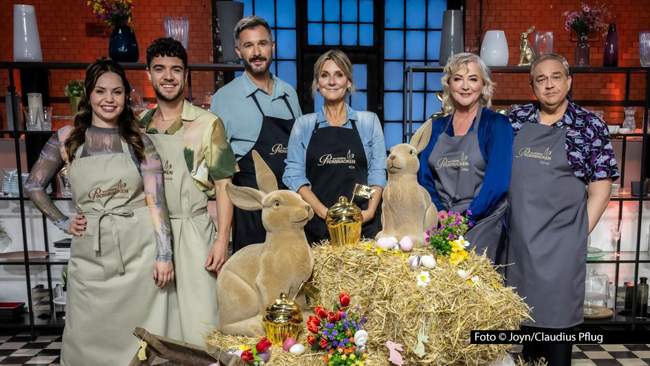 Nach der regulären „Promibacken“-Staffel zeigt Sat.1 am 16. April noch ein „Osterspezial“ der von Enie van de Meiklokjes moderierten Show. Dabei treten die Duos Christina und Luca Hänni, Jochen Schropp und Kim Fisher sowie Ulla Kock am Brink und Oliver Kalkofe gegeneinander an. (Foto © Joyn/Claudius Pflug)