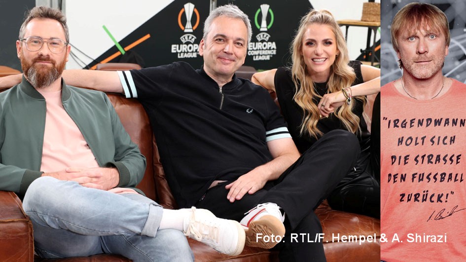 Die bewährte Viererkette aus Robby Hunke, Arnd Zeigler, Anna Kraft und Ansgar Brinkmann begleitet auch am heutigen 10. März den Europokal-Abend in der Spieltagsshow „Matchday“ bei RTL+. Zudem ist bei dem Streamingdienst die neue Fußball-Doku „Bolzplatzkönige“ abrufbar. (Foto: RTL/F. Hempel, A. Shirazi)
