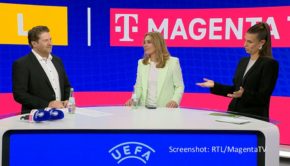 MagentaTV und RTL haben sich für die Berichterstattung von der UEFA EURO 2024 in Deutschland einiges vorgenommen. Auf einer digitalen Pressekonferenz mit Moderatorin Laura Wontorra am 7. Mai gaben u.a. Telekom-TV-Chef Arnim Butzen und RTL-Programmchefin Inga Leschek Einblicke in das gemeinsame Konzept. (Screenshot: RTL/magentaTV)