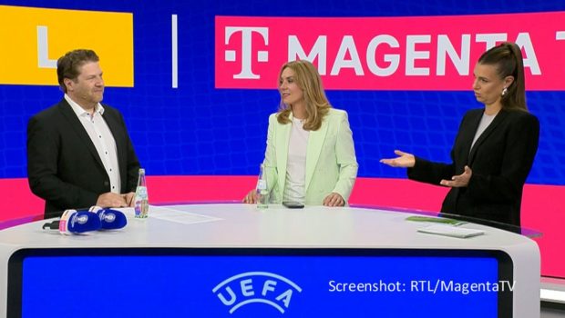 MagentaTV und RTL haben sich für die Berichterstattung von der UEFA EURO 2024 in Deutschland einiges vorgenommen. Auf einer digitalen Pressekonferenz mit Moderatorin Laura Wontorra am 7. Mai gaben u.a. Telekom-TV-Chef Arnim Butzen und RTL-Programmchefin Inga Leschek Einblicke in das gemeinsame Konzept. (Screenshot: RTL/magentaTV)