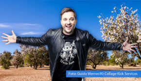 Mit seiner Ballade „Wenn der Flügel sich neigt“ spricht der Partysänger Samu deutschen Mallorca-Liebhabern aus der Seele. Der Erfurter feiert die Schönheit der Baleareninsel und versüßt damit das Warten auf die neue Urlaubsaison. (Foto: Guido Werner/KI-Collage Kick Services)