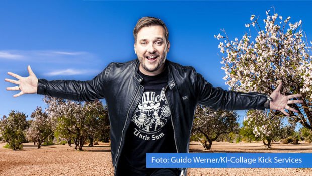 Mit seiner Ballade „Wenn der Flügel sich neigt“ spricht der Partysänger Samu deutschen Mallorca-Liebhabern aus der Seele. Der Erfurter feiert die Schönheit der Baleareninsel und versüßt damit das Warten auf die neue Urlaubsaison. (Foto: Guido Werner/KI-Collage Kick Services)