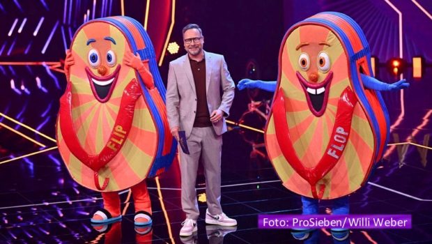 ProSieben und Joyn zeigen am 18. Mai das Finale der zehnten „The Masked Singer“-Staffel. Zu der Live-Show begrüßt Moderator Matthias Opdenhövel u.a. die drei verbliebenen Masken „Flip Flop“, „Krokodil“ und „Floh“ sowie den Comedian Chris Tall als Rateteam-Gast. (Foto: ProSieben/Willi Weber)
