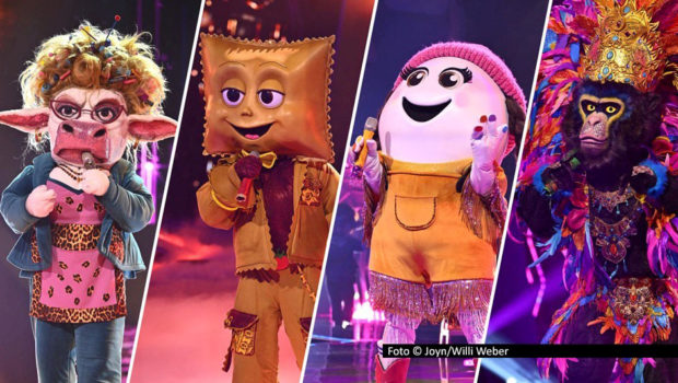 Die vier Masken „Muuhnika“, „Rave-ioli“; „Eggi“ und „King“ haben in Staffel 12 von „The Masked Singer“ den Sprung ins Finale geschafft. Foto: Joyn/Willi Weber