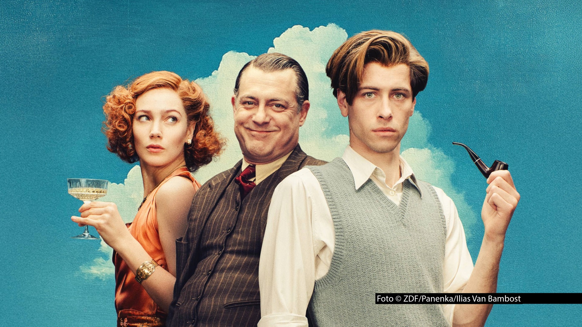 Ein Treffen surrealistischer Künstler in den 1930er-Jahren in England ist der Ausgangspunkt der Krimi-Handlung von „This Is Not A Murder Mystery“. In Deutschland läuft die Serie mit u.a. Lauren Versnick, Geert Van Rampelberg und Pierre Gervais im ZDF-Streamingportal und bei ZDFneo. (Foto © ZDF/Panenka/Ilias Van Bambost)