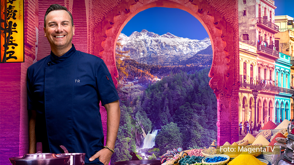 Seit 2021 reist der Berliner Spitzenkoch Tim Raue für MagentaTV um den Globus, um im Rahmen seiner Doku-Reihe „Herr Raue reist! So schmeckt die Welt“ die authentischen Geschmäcker ferner Länder zu entdecken. Wie der TV-Chef der Deutschen Telekom Arnim Butzen nun gegenüber DWDL verraten hat, folgt für den Internet-TV-Anbieter bald ein weiteres exklusives Format. (Foto: MagentaTV)
