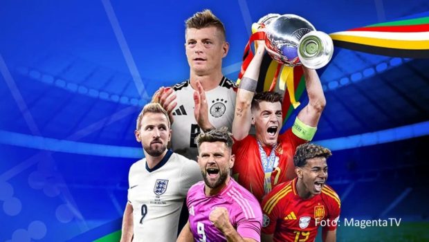 Als einziger deutscher Anbieter zeigte MagentaTV alle Spiele der Fußball-Europameisterschaft 2024 live. Nun blickt der Streamingdienst der Deutschen Telekom in der 40-minütigen Doku „UEFA 2024 – Volldabei!“ noch einmal auf Highlights und Kuriositäten aus vier Wochen EM zurück. (Foto: MagentaTV)