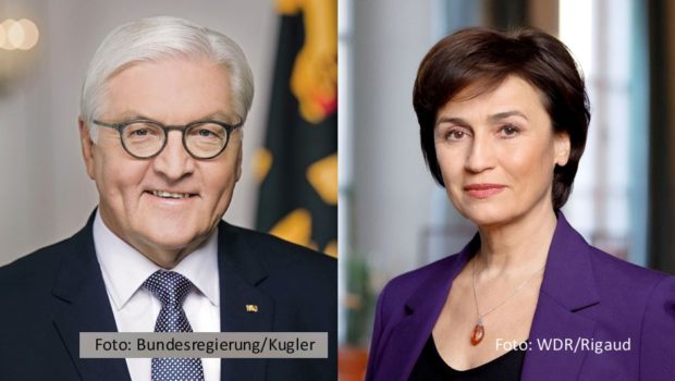 Bundespräsident Frank-Walter Steinmeier und der ukrainische Botschafter Oleksii Makeiev laden zum Jahrestag des russischen Angriffs auf die Ukraine am 24. Februar zu einer Veranstaltung ins Schloss Bellevue ein. Im Anschluss gibt’s eine von Sandra Maischberger moderierte Podiumsdiskussion. (Foto: Bundesregierung/Steffen Kugler; WDR/Peter Rigaud)