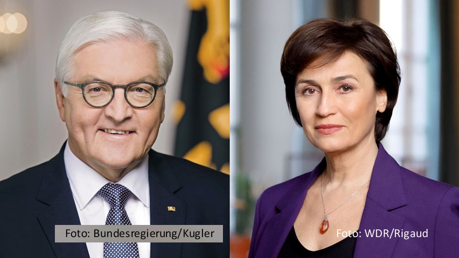 Bundespräsident Frank-Walter Steinmeier und der ukrainische Botschafter Oleksii Makeiev laden zum Jahrestag des russischen Angriffs auf die Ukraine am 24. Februar zu einer Veranstaltung ins Schloss Bellevue ein. Im Anschluss gibt’s eine von Sandra Maischberger moderierte Podiumsdiskussion. (Foto: Bundesregierung/Steffen Kugler; WDR/Peter Rigaud)