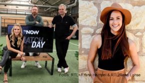 Beim heutigen Fußball-Europokalabend bilden Anna Kraft, Robby Hunke und Arnd Zeigler zusammen mit Weltmeister Lukas Podolski wieder die Moderations-„Viererkette“ beim Streamingdienst RTL+. Tatkräftige Unterstützung bekommen sie diesmal von „Princess Charming“ Irina Schlauch. (Fotos: RTL+/Frank Hempel & RTL/René Lohse)