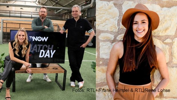 Beim heutigen Fußball-Europokalabend bilden Anna Kraft, Robby Hunke und Arnd Zeigler zusammen mit Weltmeister Lukas Podolski wieder die Moderations-„Viererkette“ beim Streamingdienst RTL+. Tatkräftige Unterstützung bekommen sie diesmal von „Princess Charming“ Irina Schlauch. (Fotos: RTL+/Frank Hempel & RTL/René Lohse)
