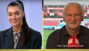 In der „Bild“-Sendung „Die Lage der Liga“ sprach Moderatorin Valentina Macri mit Nationalmannschafts-Sportdirektor Rudi Völler u.a. über dessen Zusammenarbeit mit Bundestrainer Julian Nagelsmann. Zudem ging es um eine mögliche Zukunft des Bayern-Jungstars Mathys Tel beim DFB. (Foto: SportBild/YouTube)