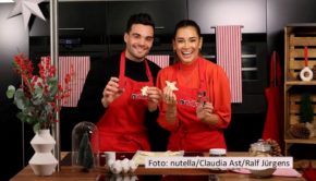 Moderation Jana Ina Zarrella und ihr Schwager Stefano haben in der Weihnachtsbäckerei alles im Griff. Im Rahmen der Aktion „Backen mit Nutella“ bereiten sie einen Blätterteig-Baum zu und erzählen dabei u.a. von ihren persönlichen Festvorbereitungen und Wünschen für das kommende Jahr. (Foto: nutella/Claudia Ast/Ralf Jürgens)