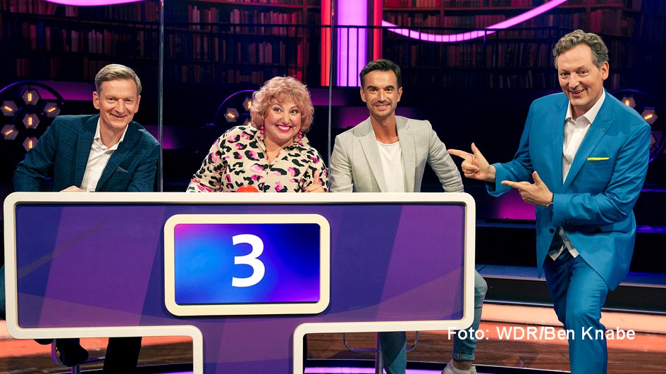 Hirschhausens Quiz des Menschen_2021_Michael Kessler, Meltem Kaplan, Florian Silbereisen, Eckart von Hirschhausen_Foto WDR_Ben Knabe