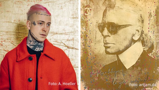 Zwei Künstler vergolden das vorweihnachtliche Köln. Am Wochenende lädt Alexander Höller zur Goldenen Stunde in die Galerie Martina Kaiser. Bei 30works sind ab morgen „New Positions“ mit Bildern von Devin Miles zu sehen. Gezeigt wird dort auch ein Karl-Lagerfeld-Porträt aus 24-karätigem Gold. (Fotos: A. Höller; artjam.de)