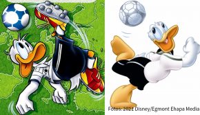 Auch in Entenhausen ist die Vorfreude auf die Fußball-EM groß. Donald Duck stellt in einem der gleich zwei „Lustigen Taschenbücher“, die rechtzeitig zum Turnier erscheinen, sogar ungeahnte Qualitäten als Torjäger unter Beweis. (Fotos: 2021 Disney/Egmont Ehapa Media)