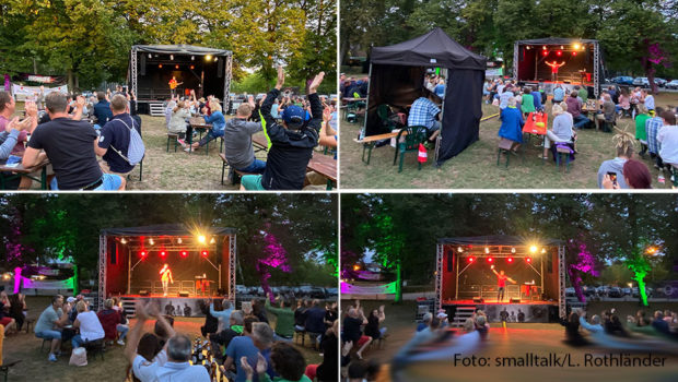 „Lachen, Bier & Fußball“ lautete gestern Abend das Motto beim Auftakt von Matze Knops Biergarten-Kurztournee in Wesel. Zwei weitere Shows stehen am Wochenende auf dem Programm des Comedians. (Foto: smalltalk/L. Rothländer)