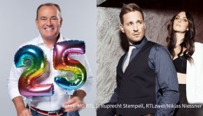 Der „RTL-Spendenmarathon“ feiert in der kommenden Woche sein 25. Jubiläum. Tatkräftige Unterstützung erhält Moderator Wolfram Kons dabei auch von RTLzwei, u.a. durch die „Köln 50667“-Darsteller Luise Matejczyk und Jay Sirtl. (Fotos: MG RTL D/Ruprecht Stempell, RTLzwei/Niklas Niessner)