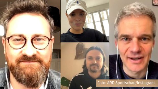 Fußball-Reporter Robby Hunke gestaltet heute eine Sondersendung auf dem Instagram-Kanal der „ARD-Sportschau“ – aus seinem Wohnzimmer in Köln-Nippes. Dabei unterstützen ihn namhafte Talkgäste wie Laura Wontorra, Lutz Pfannenstiel und Thorsten Schröder. (Foto: ARD Sportschau/Instagram)