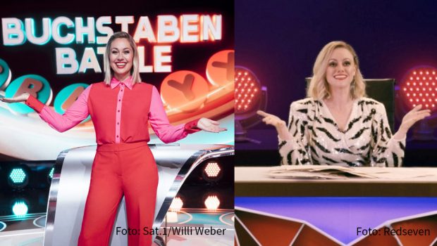 Zu einer besonderen Konstellation kommt es heute beim „Buchstaben Battle“ in Sat.1, denn Quizmasterin Ruth Moschner trifft quasi auf sich selbst. Als Gast-Raterin ist Comedienne Tahnee Schaffarczyk mit dabei, die aktuell eine Moschner-Parodie in der Serie „Binge Reloaded“ liefert. (Fotos: Sat.1/Willi Weber, Redseven)