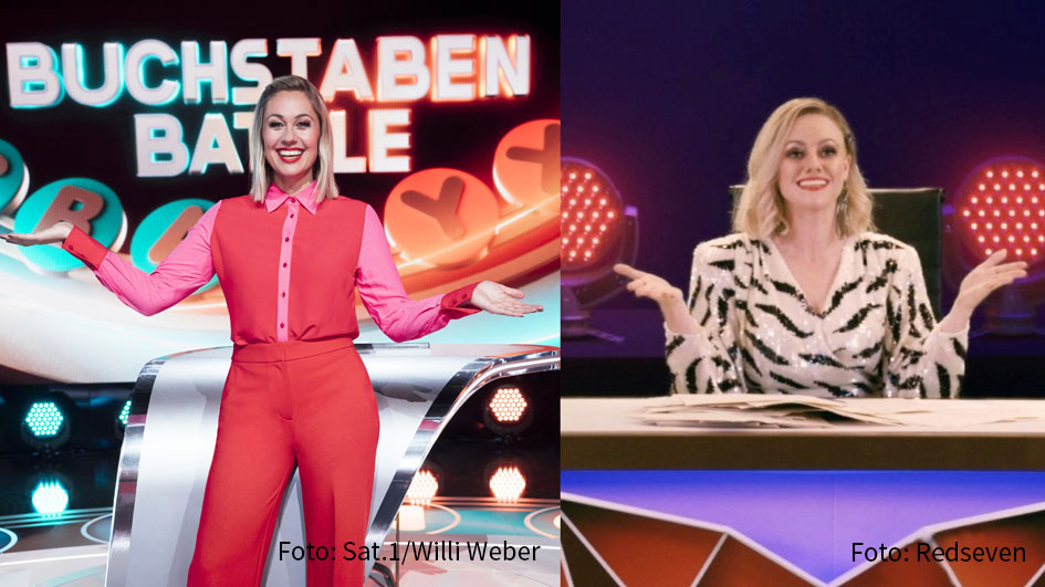 Zu einer besonderen Konstellation kommt es heute beim „Buchstaben Battle“ in Sat.1, denn Quizmasterin Ruth Moschner trifft quasi auf sich selbst. Als Gast-Raterin ist Comedienne Tahnee Schaffarczyk mit dabei, die aktuell eine Moschner-Parodie in der Serie „Binge Reloaded“ liefert. (Fotos: Sat.1/Willi Weber, Redseven)